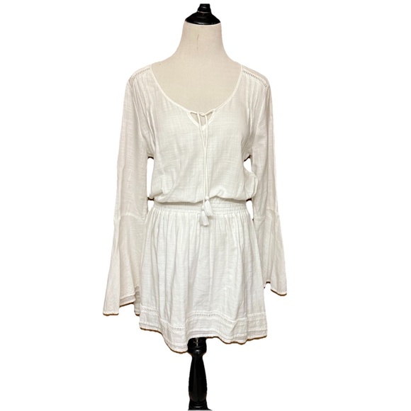 The Normal Brand Size S White Bell Sleeve Mini Dress Slub Twill Boho Tassel Trim - Picture 16 of 16